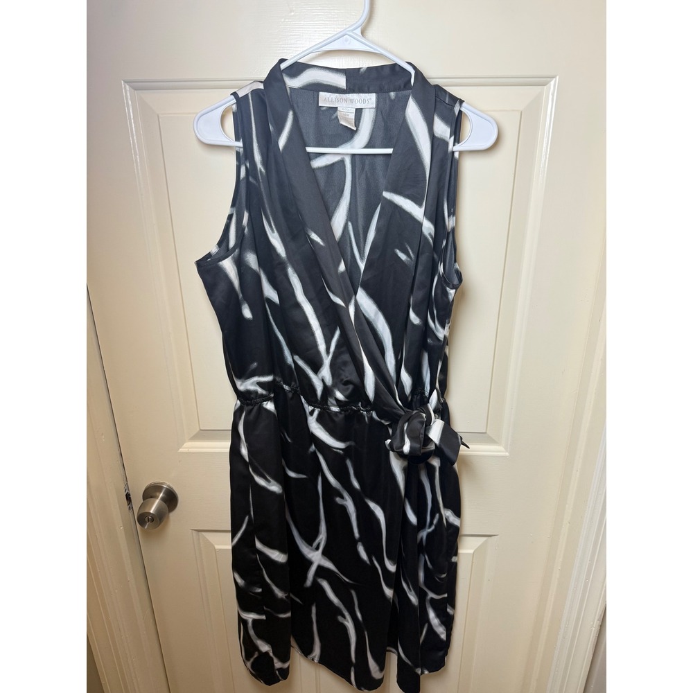Allison Woods Black White Abstract Print Wrap Dress Sleeveless 18W Mock Neck